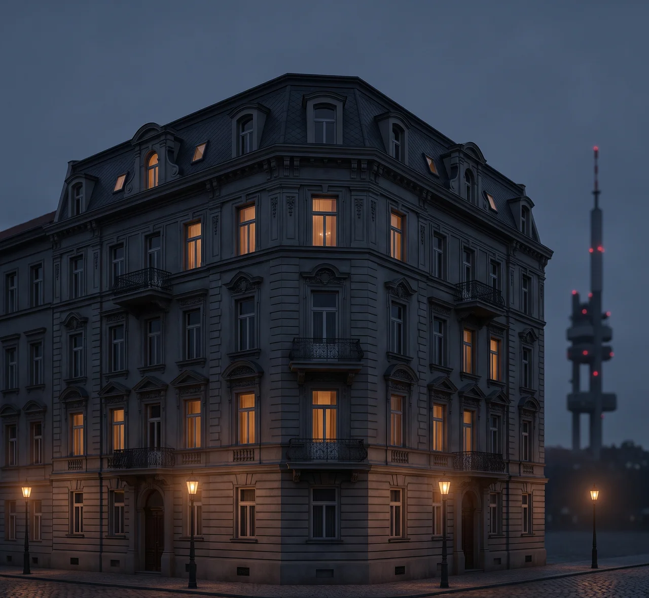 Činžovní dům, Praha 3 — Žižkov za soumraku